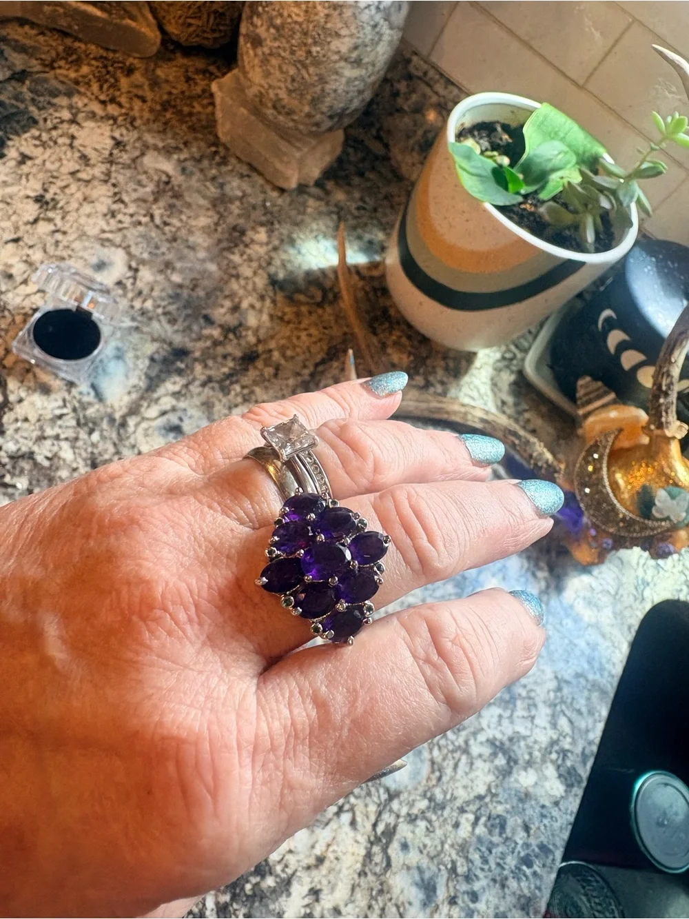 Sterling Silver Cluster Amethyst Ring - Purple